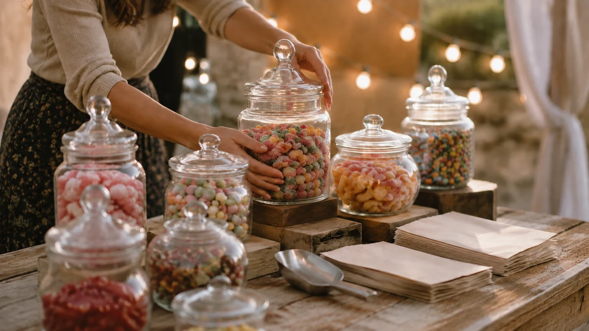 A candy buffet table being styled with jars, risers, and favor bags before a wedding reception