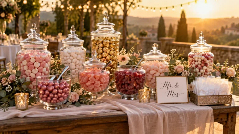 A wedding candy buffet with glass jars of colorful candy, scoops, and favor bags on a styled table