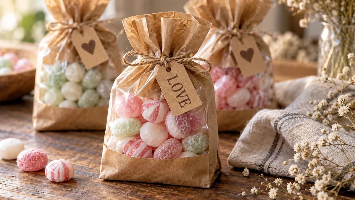 Simple kraft bags of mints and hard candy tied with twine, a budget-friendly candy wedding favor