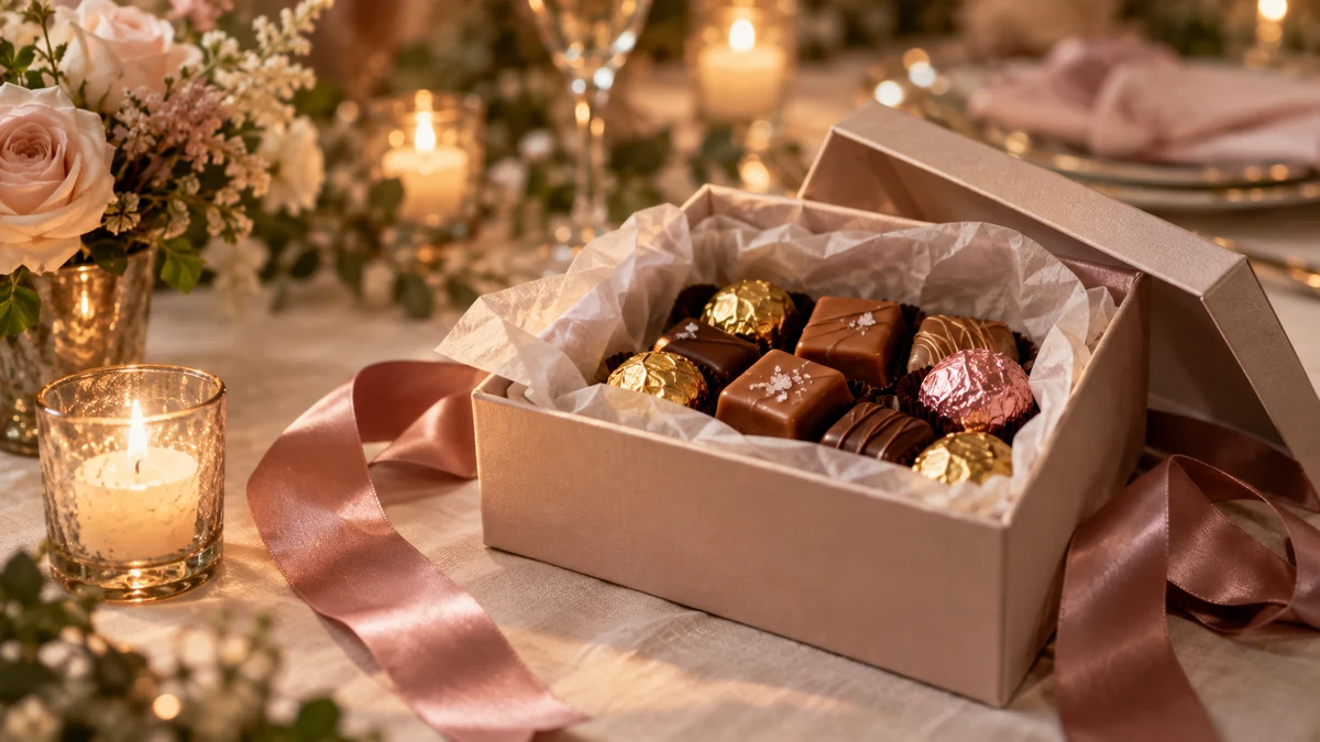 Gourmet caramels and imported candy arranged in a hand-finished gift box, a luxury wedding favor