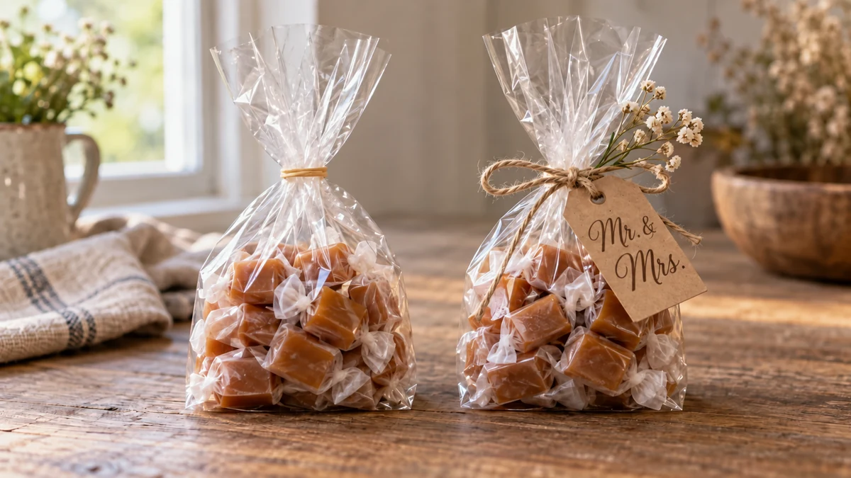 Matching candy bags, one plain and one decorated with twine, a tag, and flowers