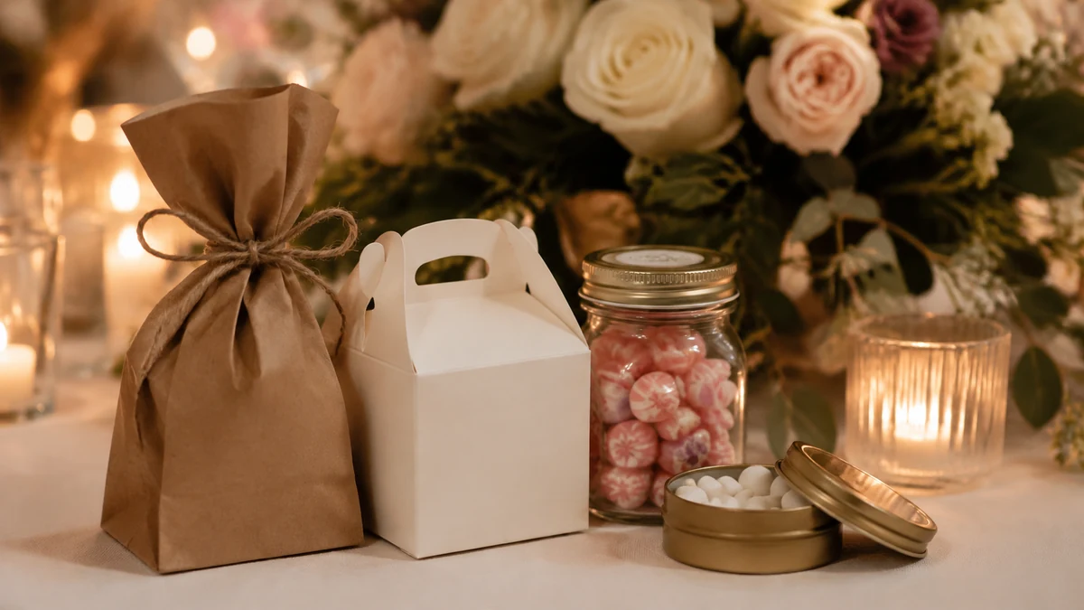 Candy favor bags, boxes, jars, and tins styled together on a reception table