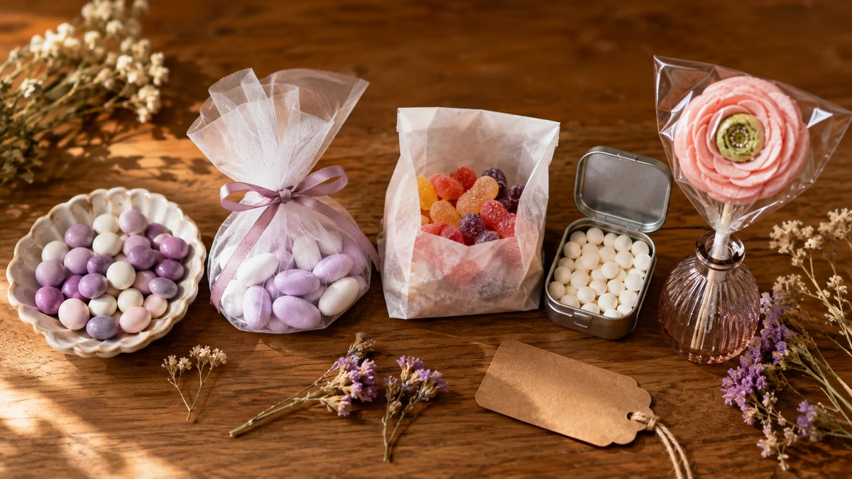 Personalized candy, Jordan almonds, gummies, mints, and lollipops arranged side by side