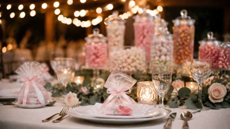 Colorful candy wedding favor bags and a styled candy buffet on a reception table