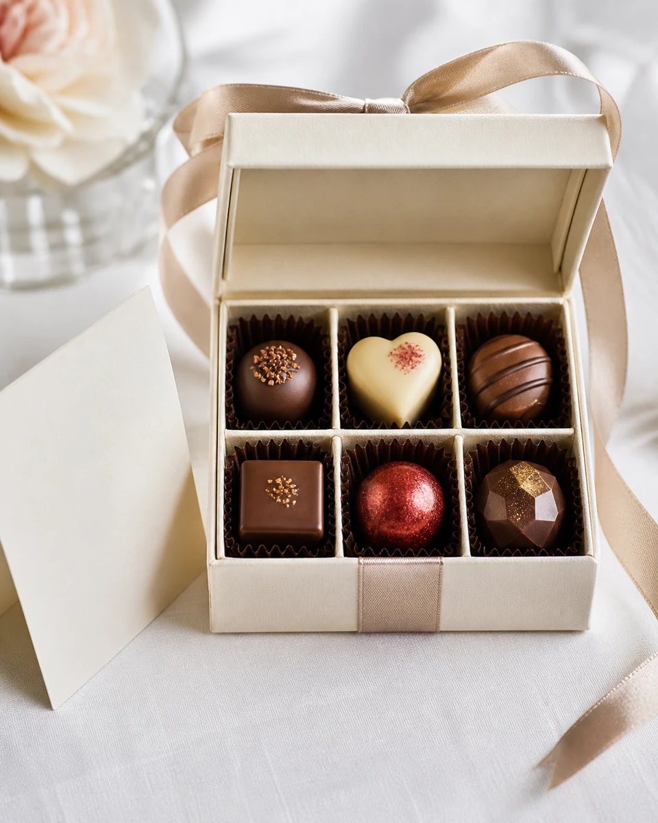 Small assorted chocolate wedding favor box tied with a custom ribbon