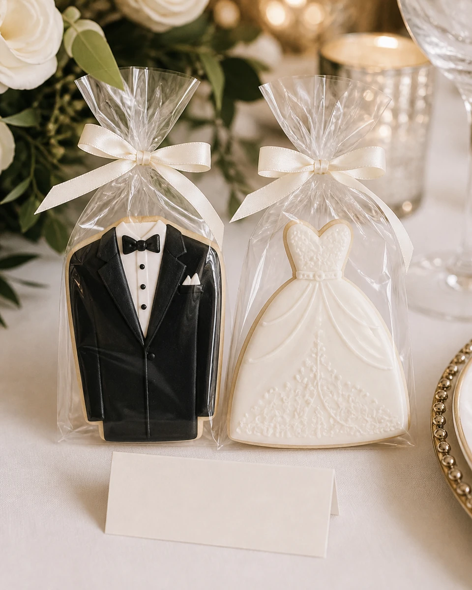 Iced sugar cookies shaped like a tuxedo and a wedding gown