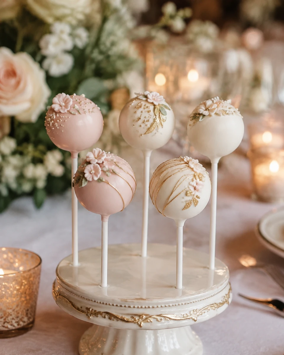 Elegant wedding cake pops with pastel floral designs and gold accents