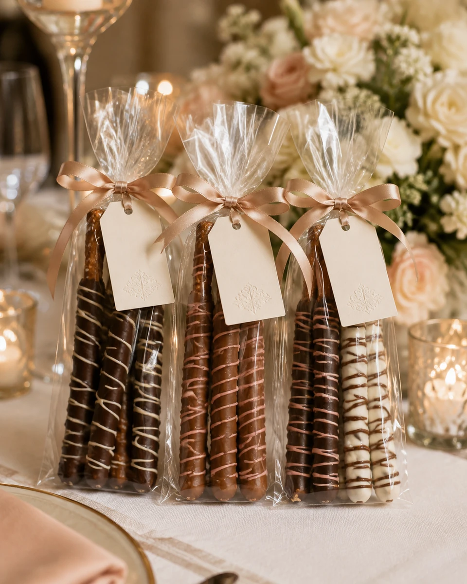 Chocolate-covered pretzels with sprinkles in clear favor bags