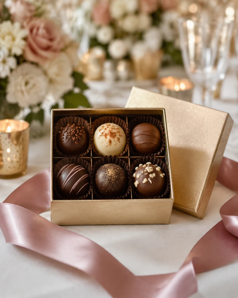 Elegant chocolate truffles in luxurious gold packaging