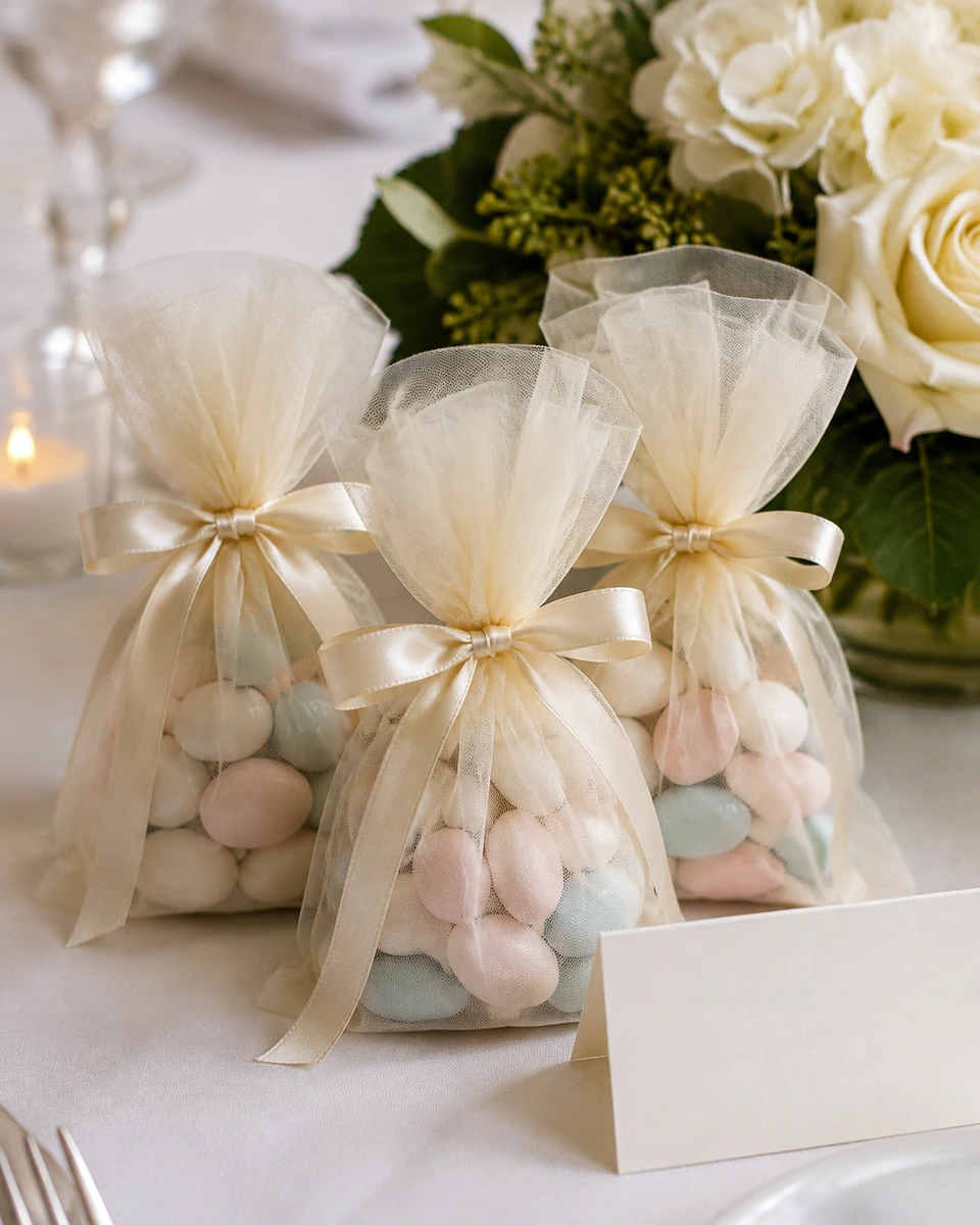 Sugared Jordan almonds in tulle wedding favor pouches tied with ribbon