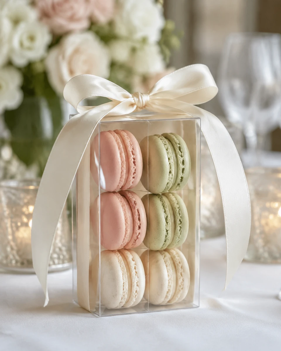 Pastel French macarons in clear boxes tied with silk ribbons
