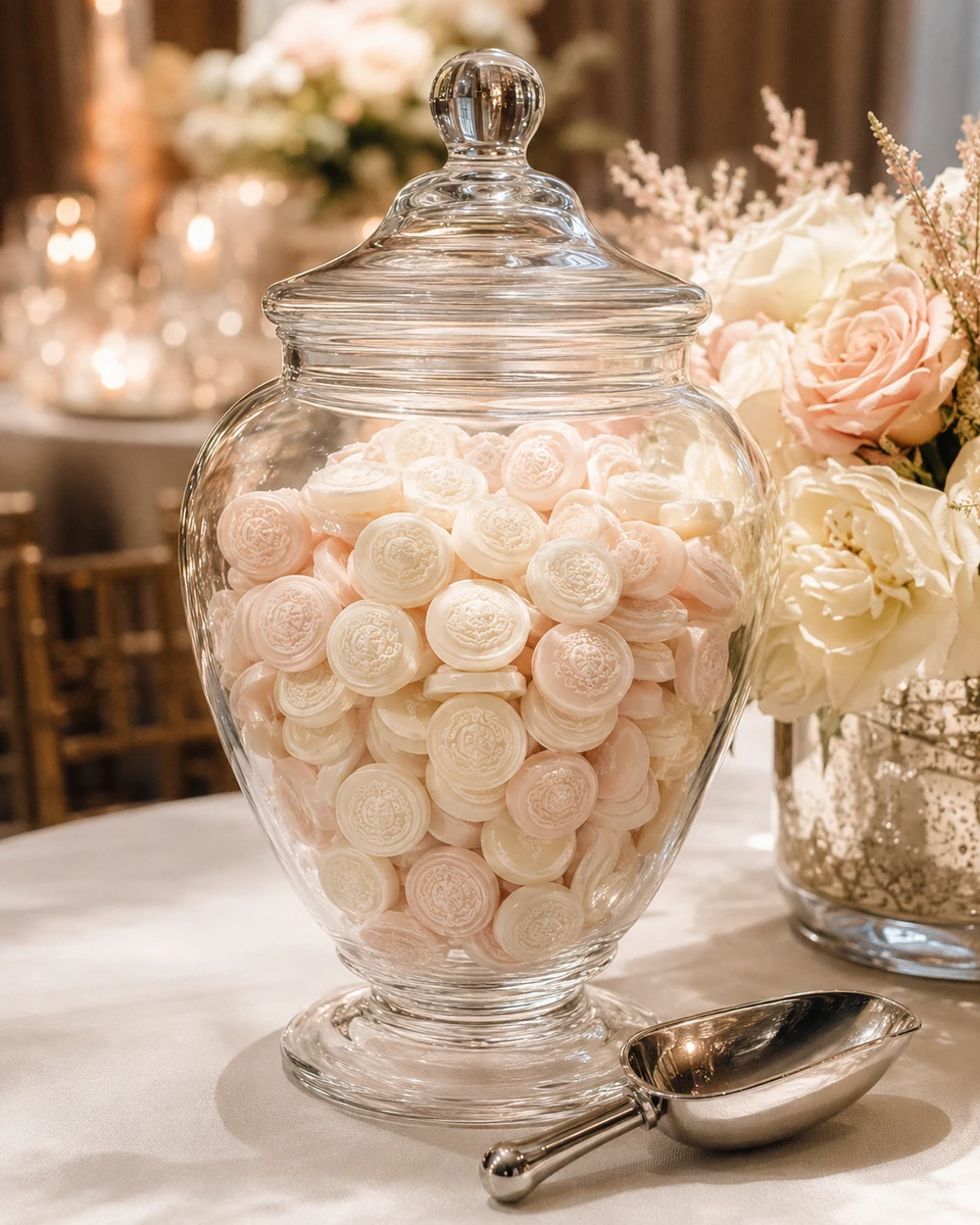 Monogrammed hard candy wedding favors in a glass jar with a scoop