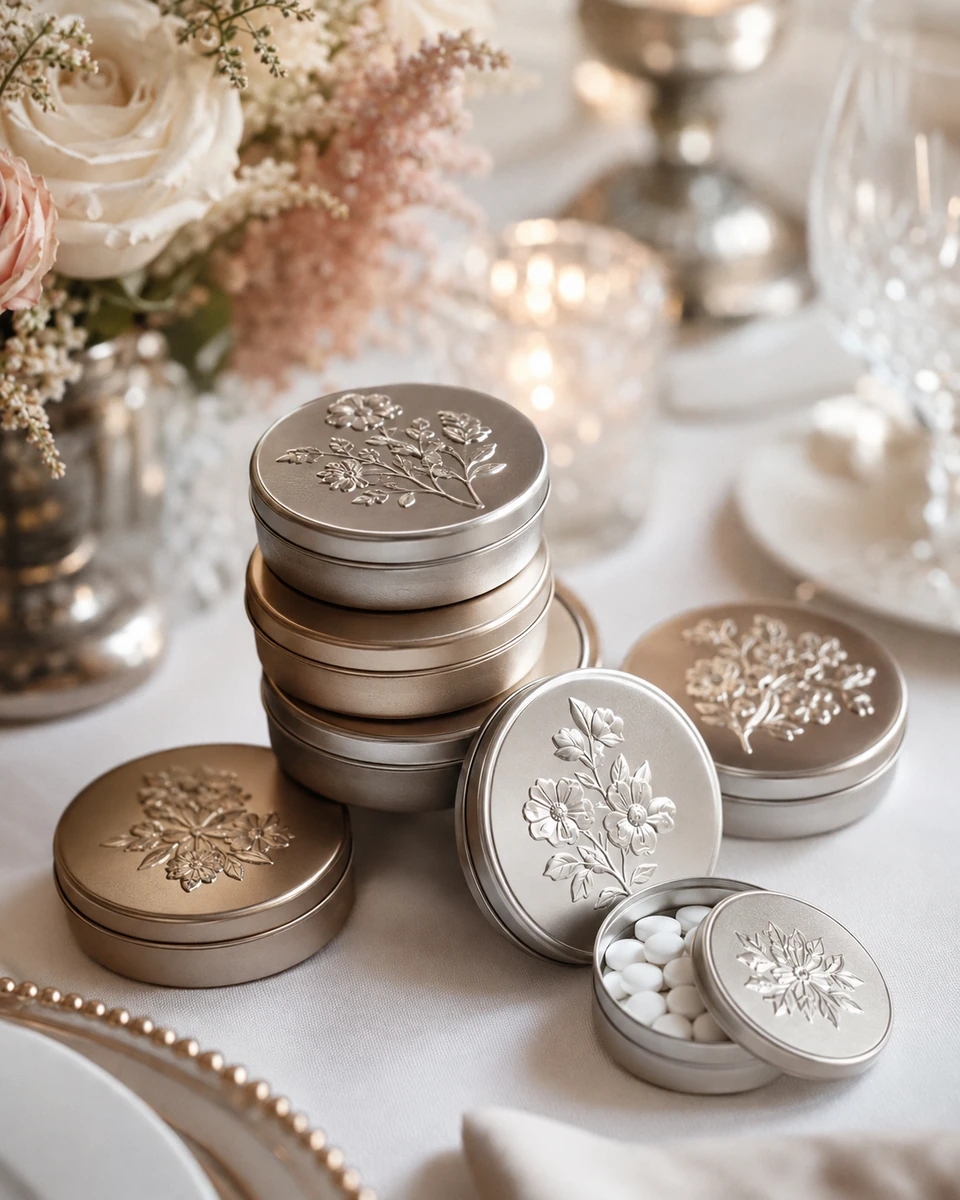 Custom mint tins with floral lids and wedding dates