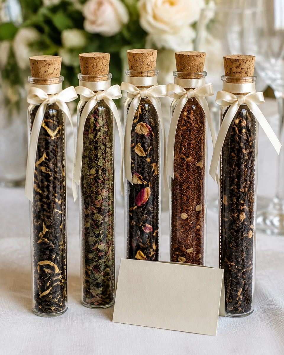 Gourmet tea favors in glass tubes and foil packaging tied with satin ribbons