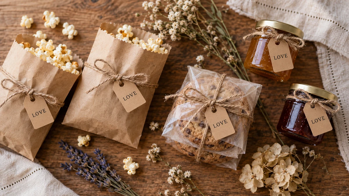 Handmade edible wedding favors with kraft tags and twine on a rustic table