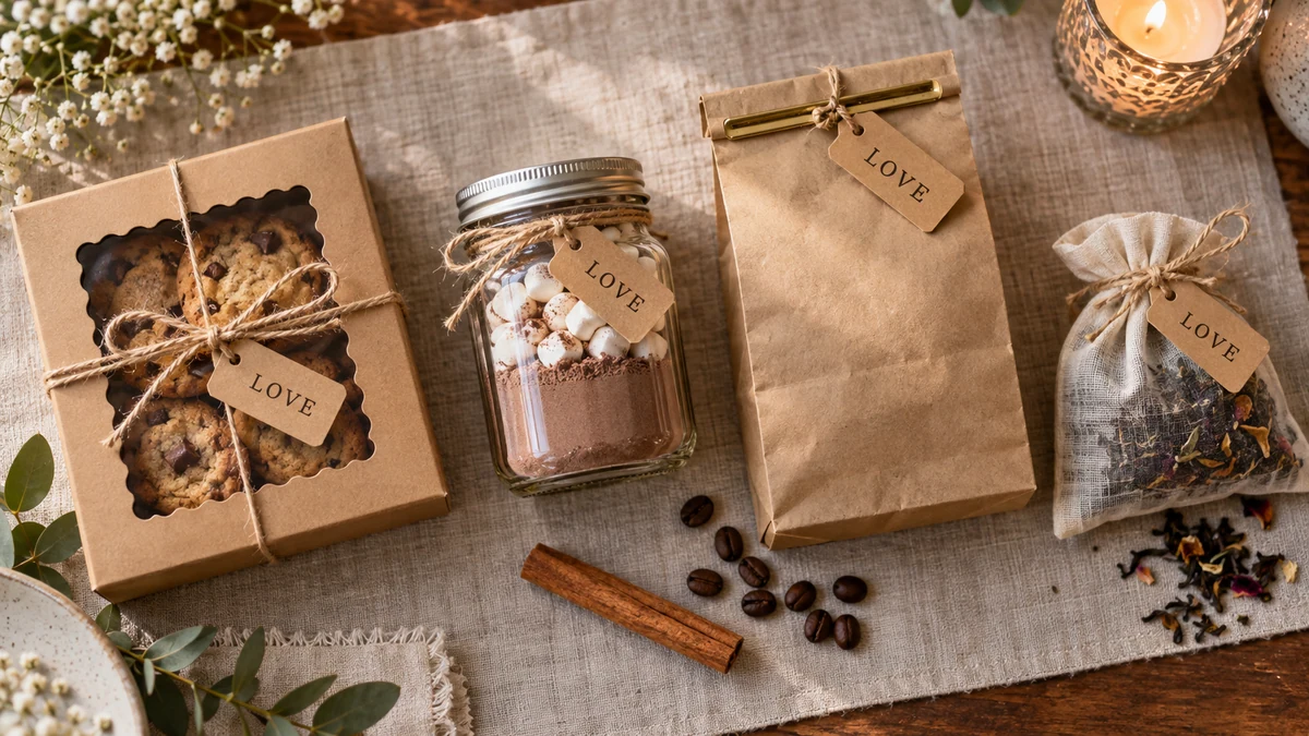 A spread of DIY wedding favor bags and boxes, including cookies, hot cocoa, coffee, and tea