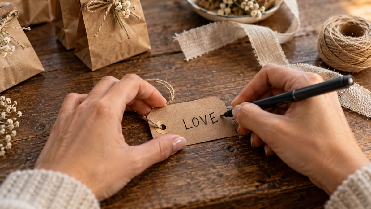 Hands writing names and a wedding date on kraft favor tags at a table covered in supplies