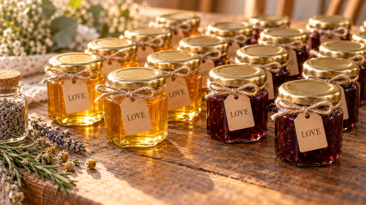 Rows of small honey and jam jars with kraft labels and twine, ready as wedding favors