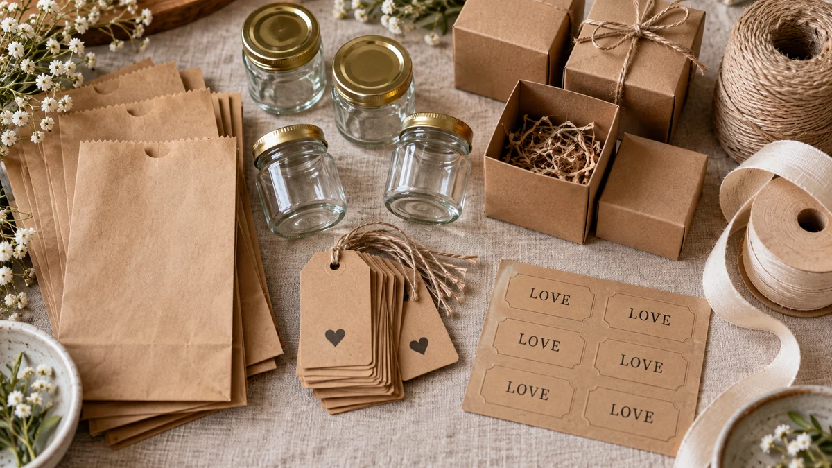 Favor bags, boxes, jars, and label supplies laid out for a DIY wedding favor assembly session