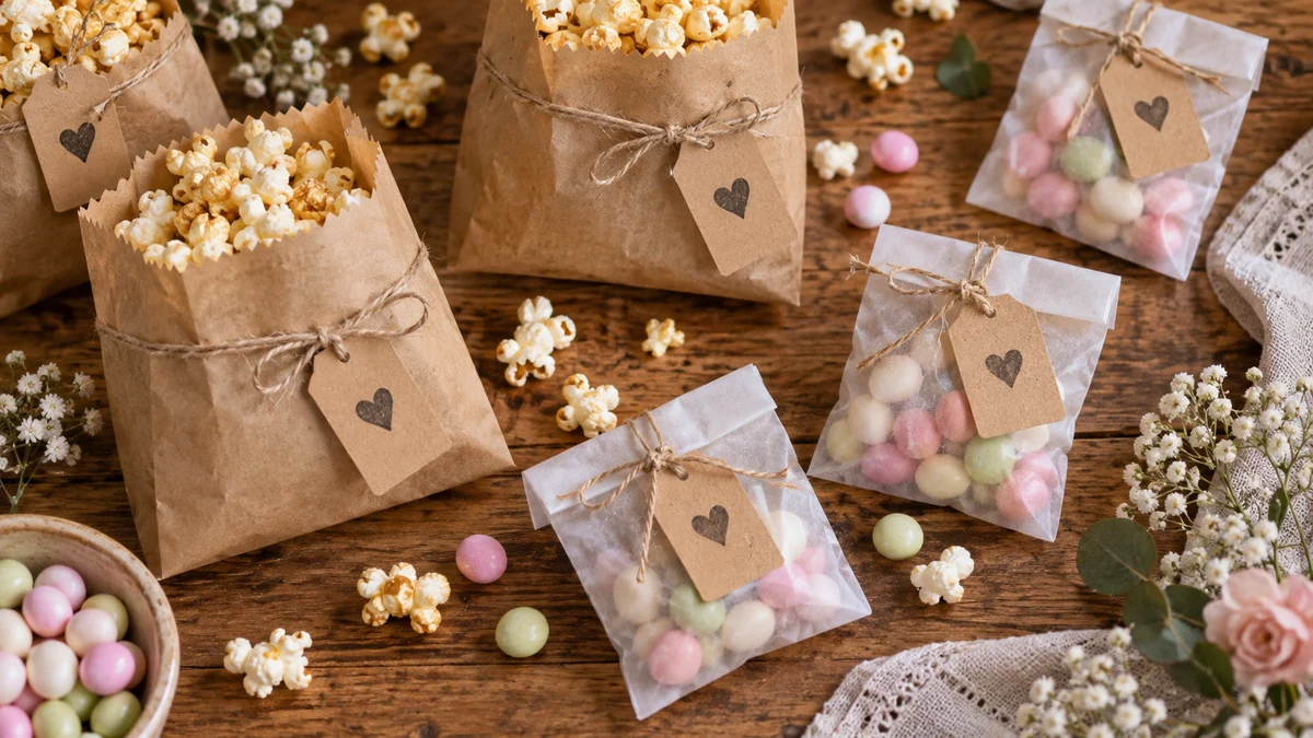A flatlay of DIY popcorn and candy wedding favor bags with kraft tags and ribbon