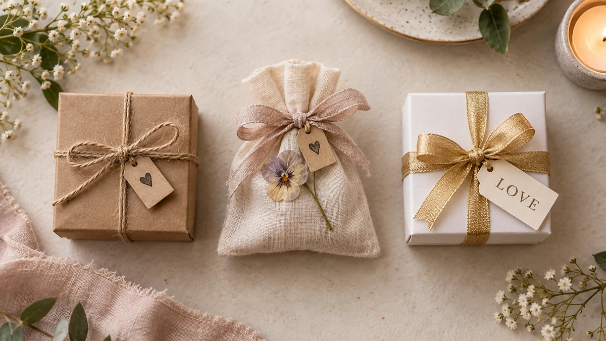 The same DIY favor styled three ways: rustic kraft, boho muslin, and classic white and gold