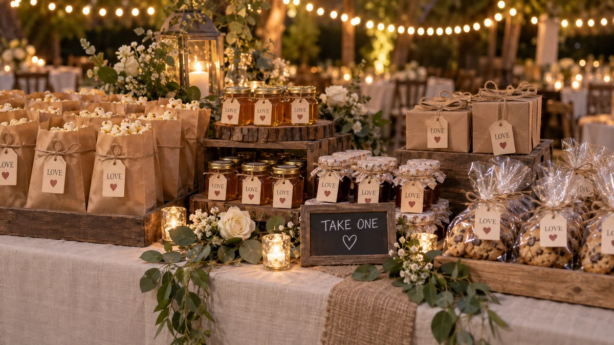 A wedding favor table set up with bags, jars, and boxes arranged for guests to take on their way out