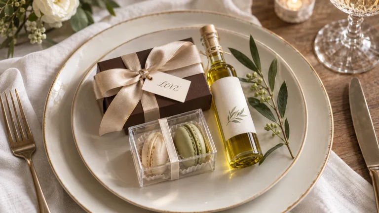 Elegant gourmet wedding favors, truffle and macaron boxes with satin ribbon at a formal place setting
