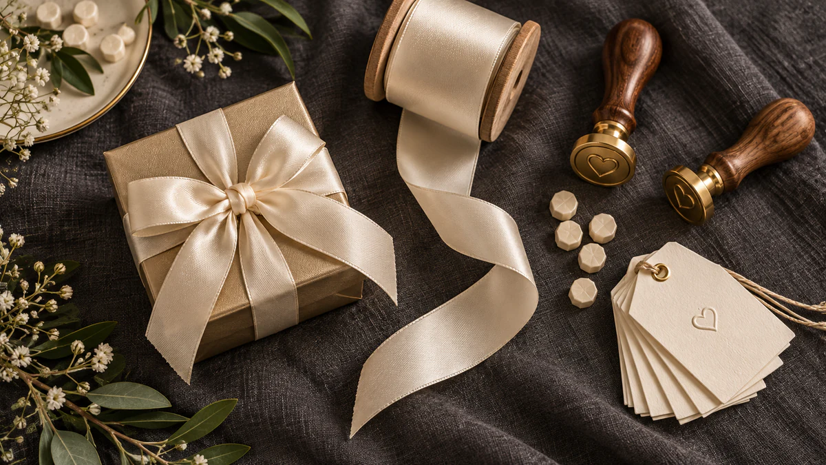 Gold favor boxes, satin ribbon, and wax seals styled as a luxury packaging flatlay