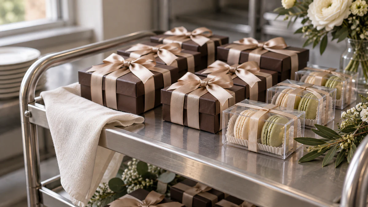 Chocolate and macaron favors kept cool in a shaded storage display before the reception
