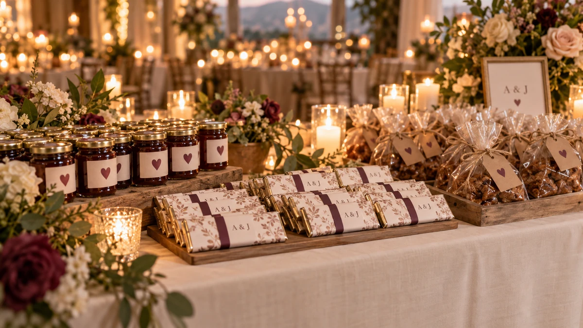 Personalized edible wedding favors on a candlelit reception table