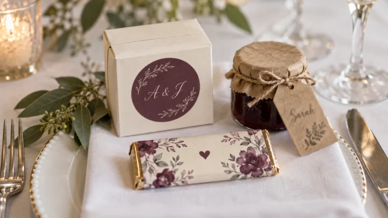 Personalized edible wedding favors with custom labels and guest-name tags at place settings