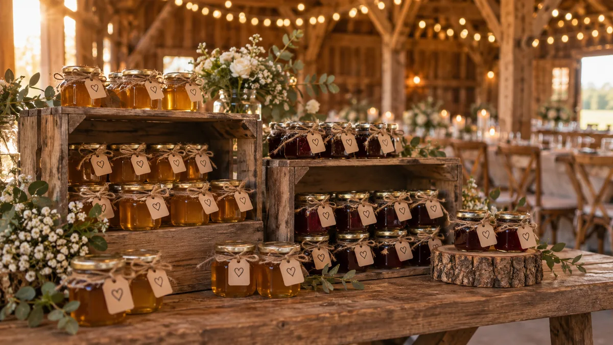 Wood crate display of jam and honey jar wedding favors at a barn wedding reception