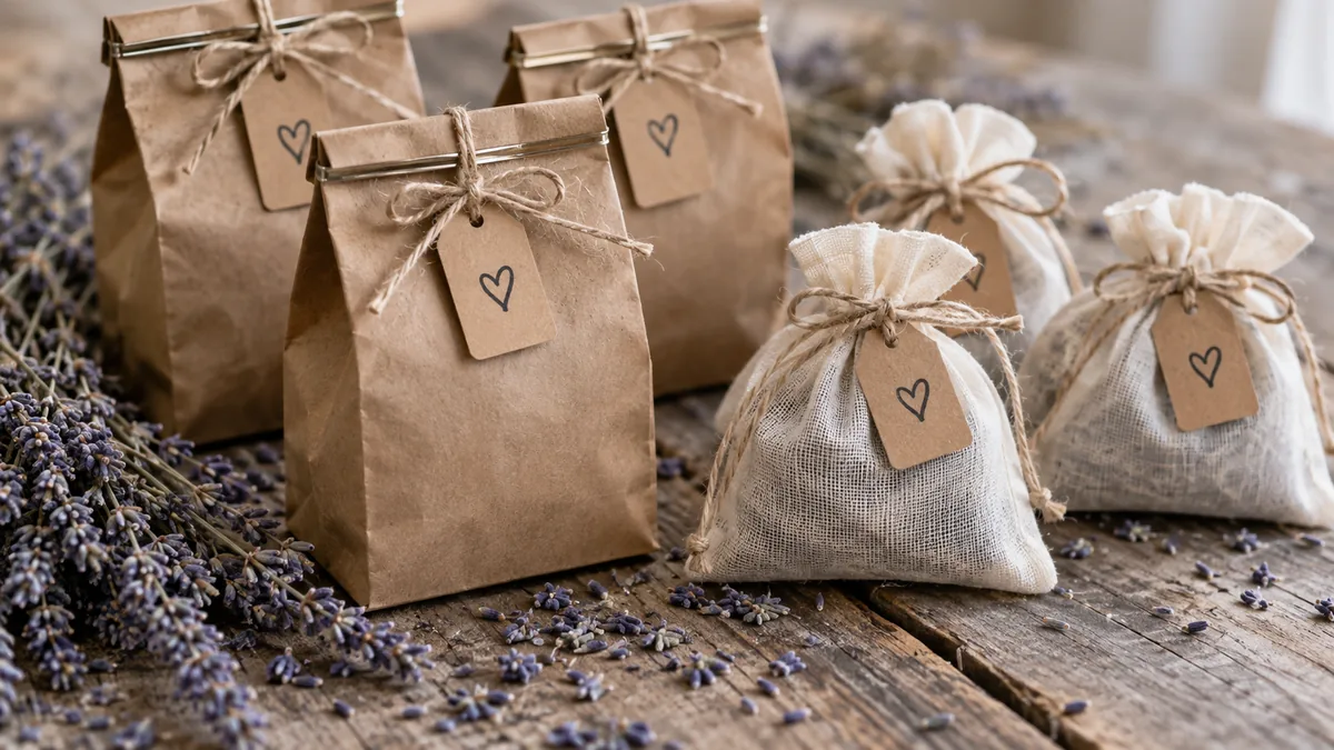 Kraft coffee bags and muslin tea sachets styled with twine on a rustic table