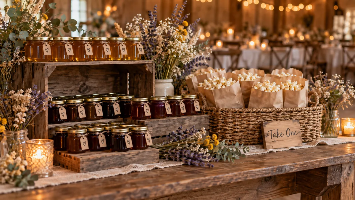 A wedding favor table with wood crates, glass jars, and kraft bags arranged for guests