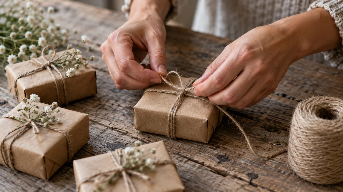 Hands tying twine around a kraft-wrapped wedding favor on a wooden table