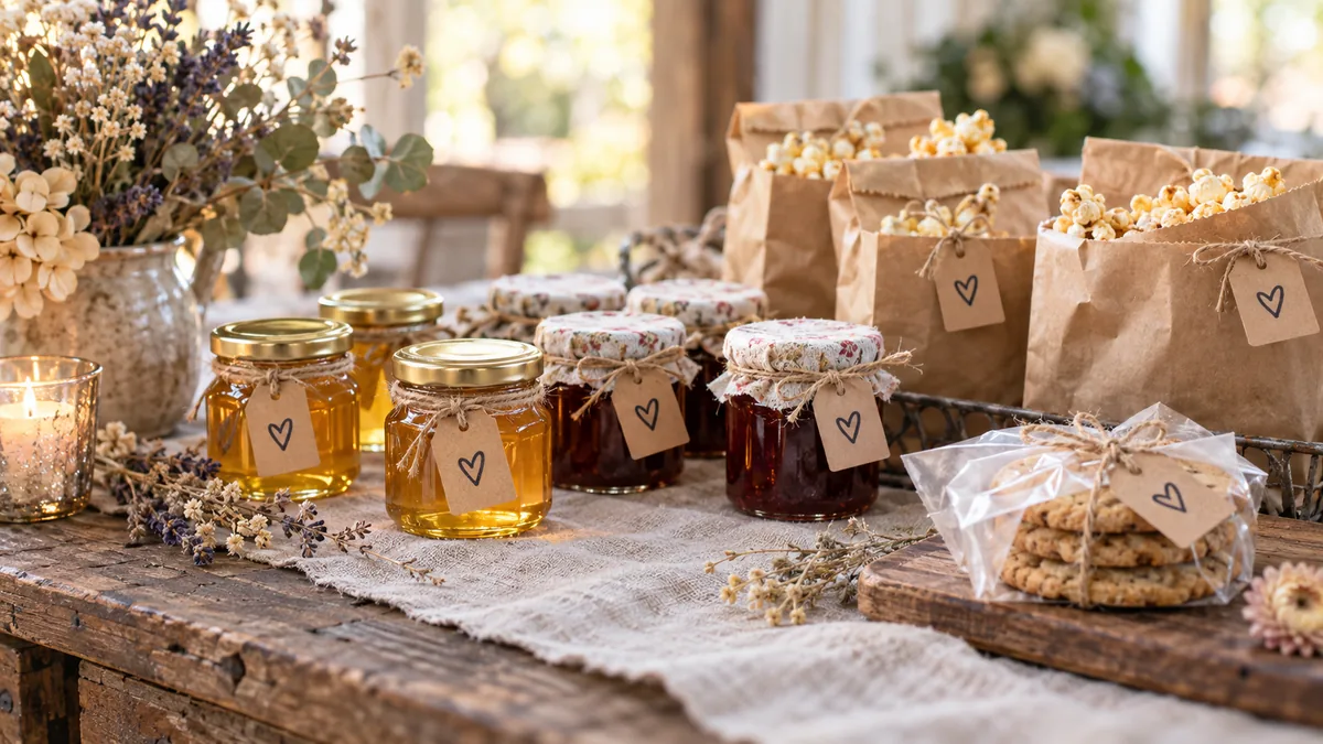 A rustic wedding favor table with honey jars, jam jars, kraft bags, and dried flowers