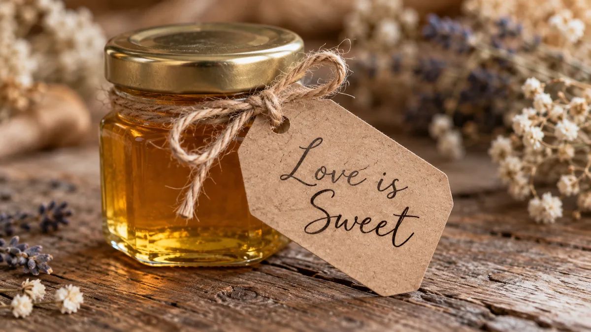 A handwritten kraft tag reading Love is Sweet tied to a wedding favor jar with twine