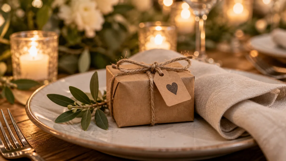 A single wrapped rustic wedding favor with a kraft tag resting on a table setting