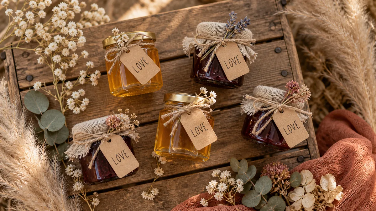 Rustic and boho edible wedding favors, honey and jam jars with kraft tags and dried flowers on a wood crate