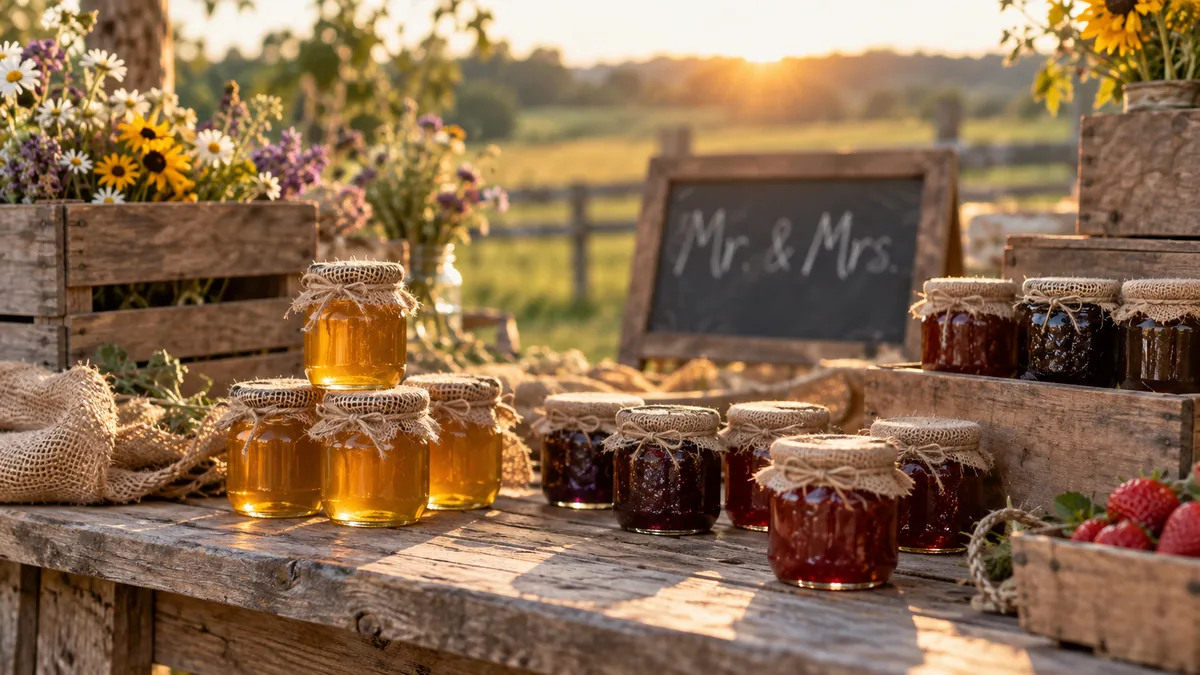 Jars of local honey and jam displayed at a farm stand for wedding favors