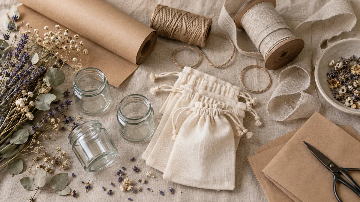 Kraft paper, muslin bags, twine, and glass jars styled as rustic wedding favor packaging