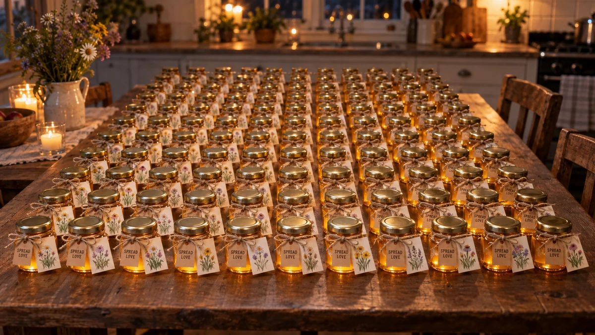 120 tiny honey jars glowing like little lanterns on a kitchen table at night