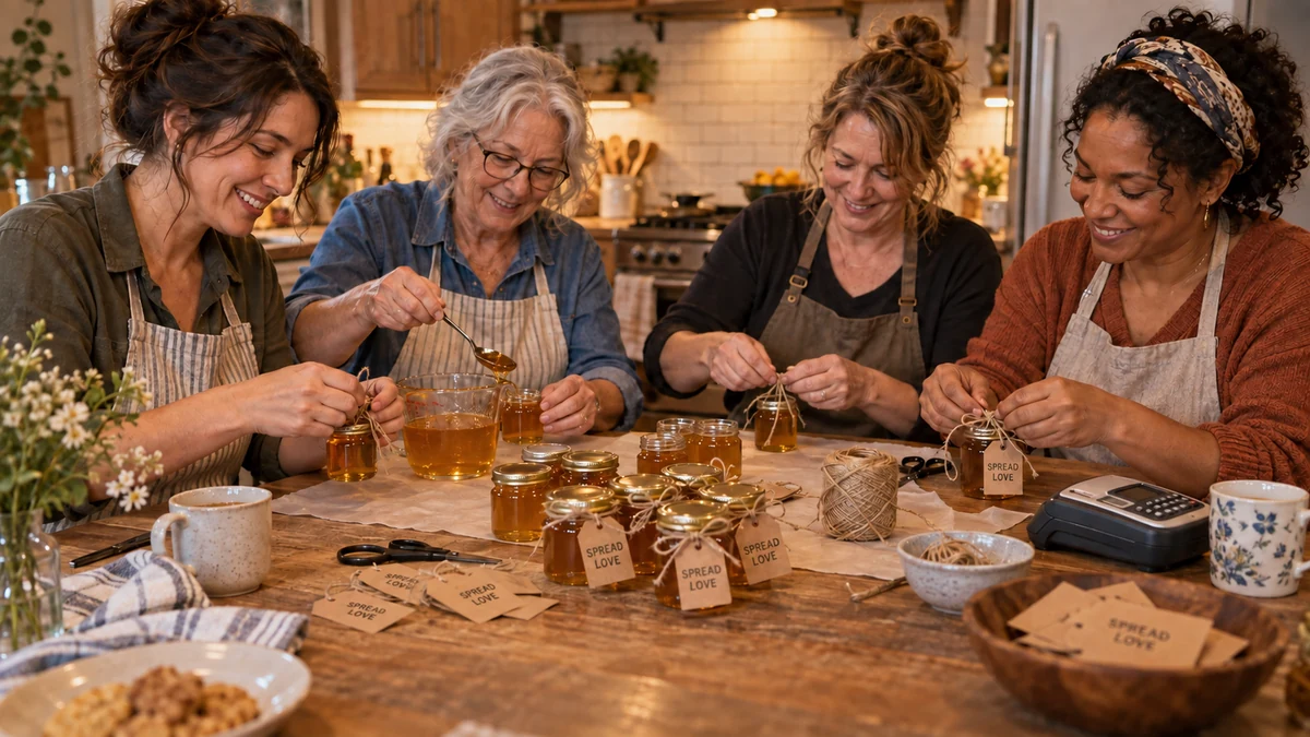 Four women of different ages filling little honey jars together at a kitchen table