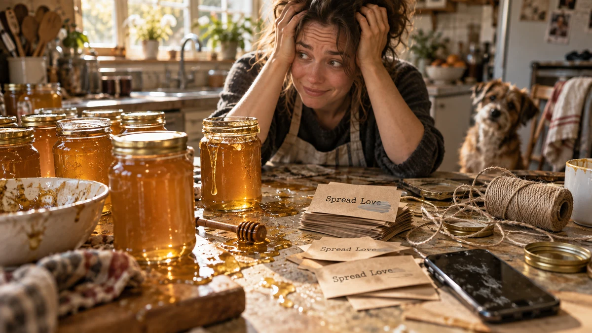 Chaotic home kitchen counter covered in dripping honey, crooked jars and tangled twine