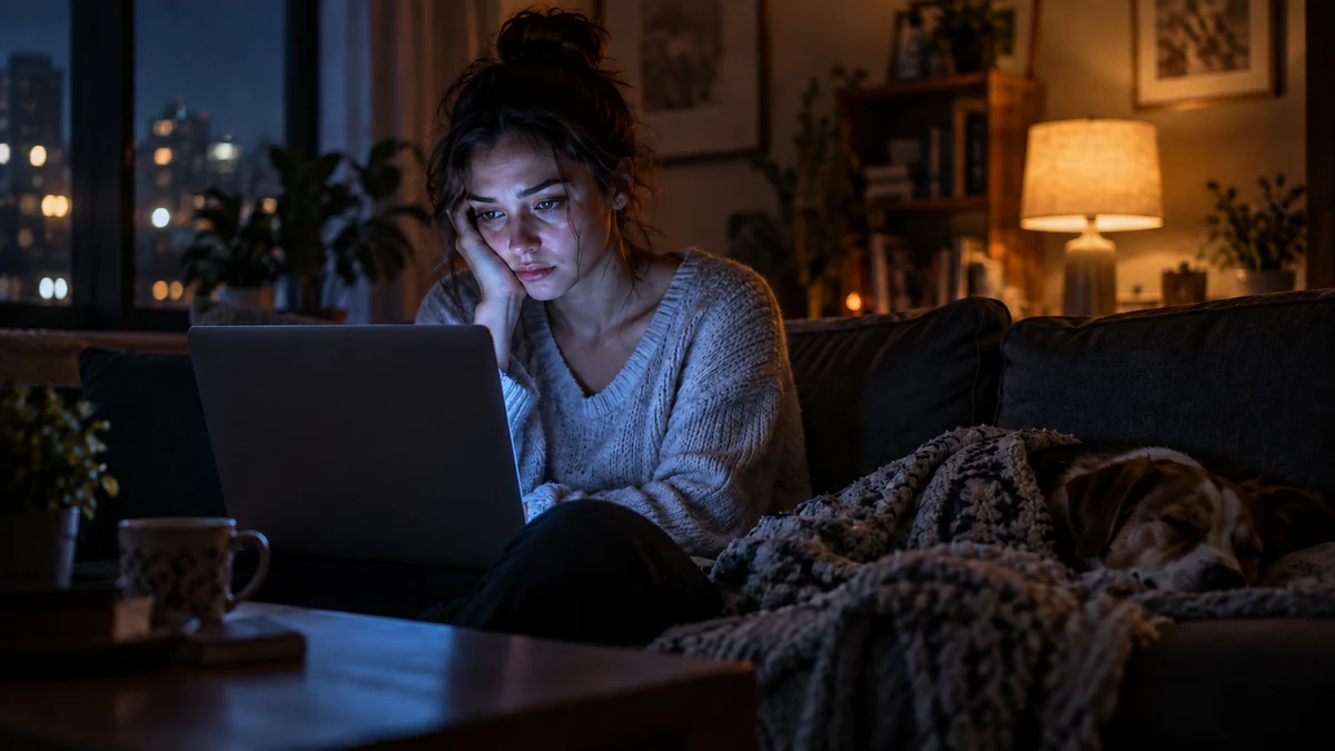 Young woman alone at night, face lit by a laptop, deciding whether to buy wedding favors